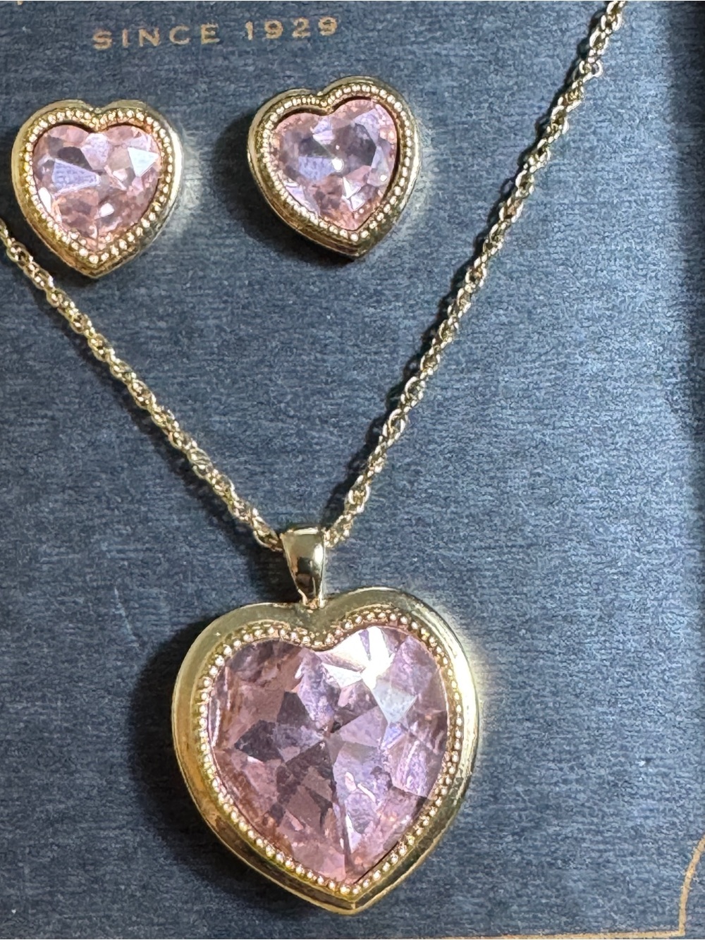 Gold Heart Pendant Necklace & Stud Earrings Set with Pink Gemstones
